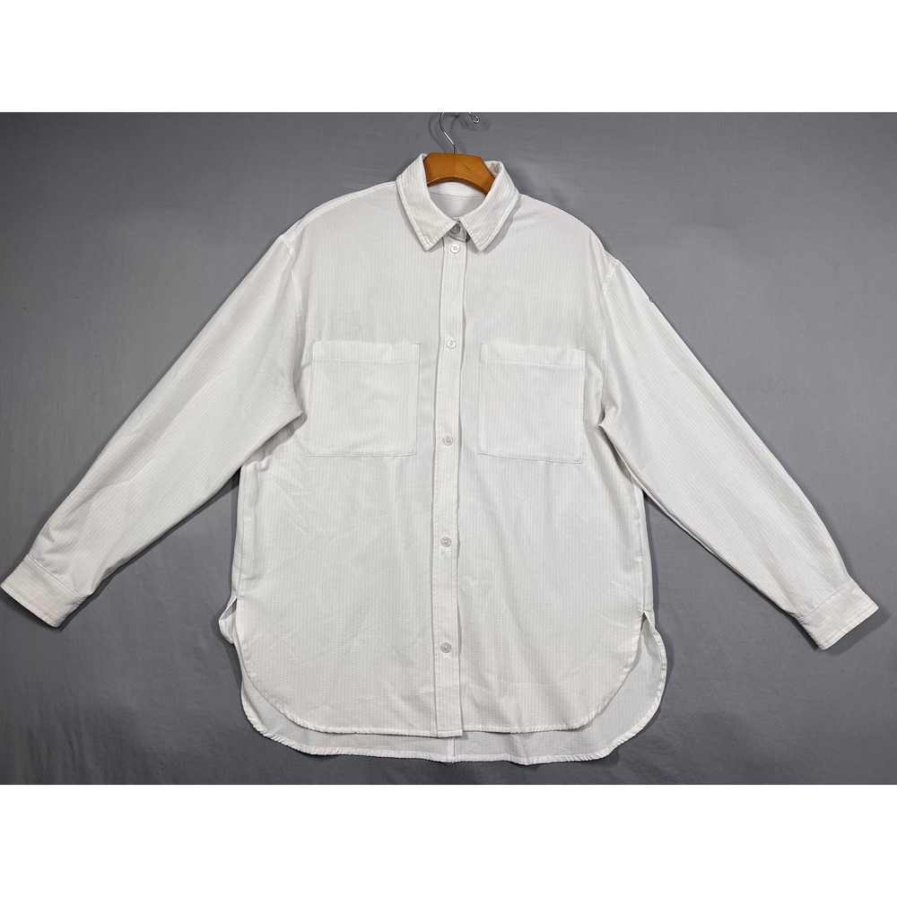 Alo Yoga White Textured Long Sleeve Button Down Shirt Oversized Pockets Large